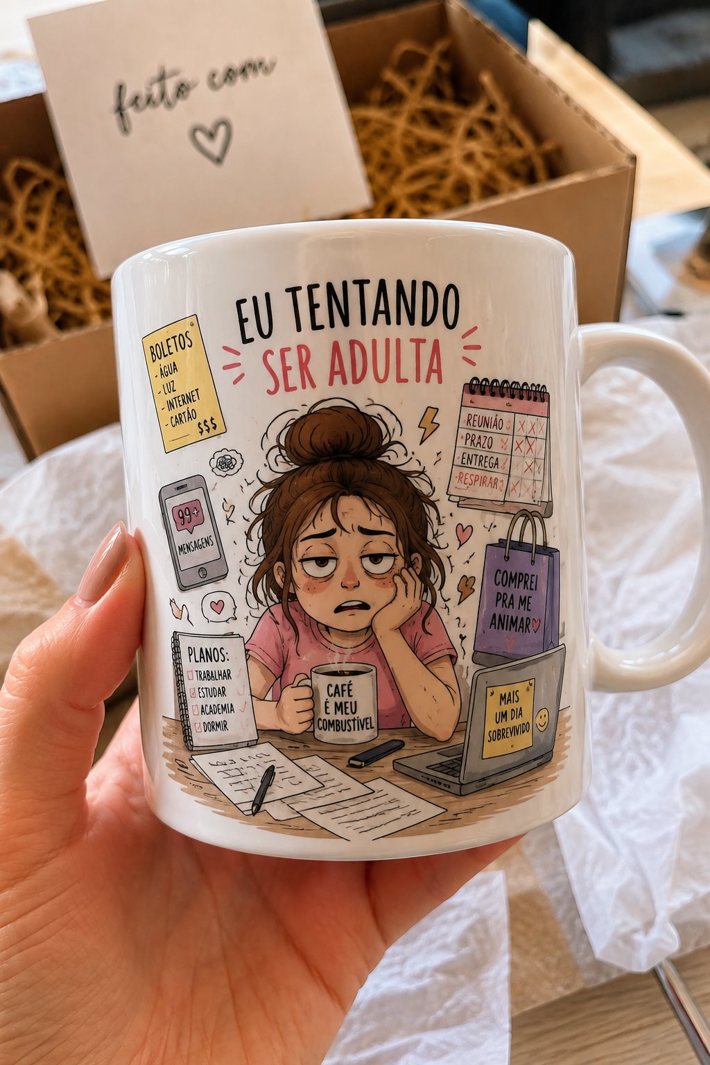 Caneca personalizada com a frase Eu tentando ser adulta